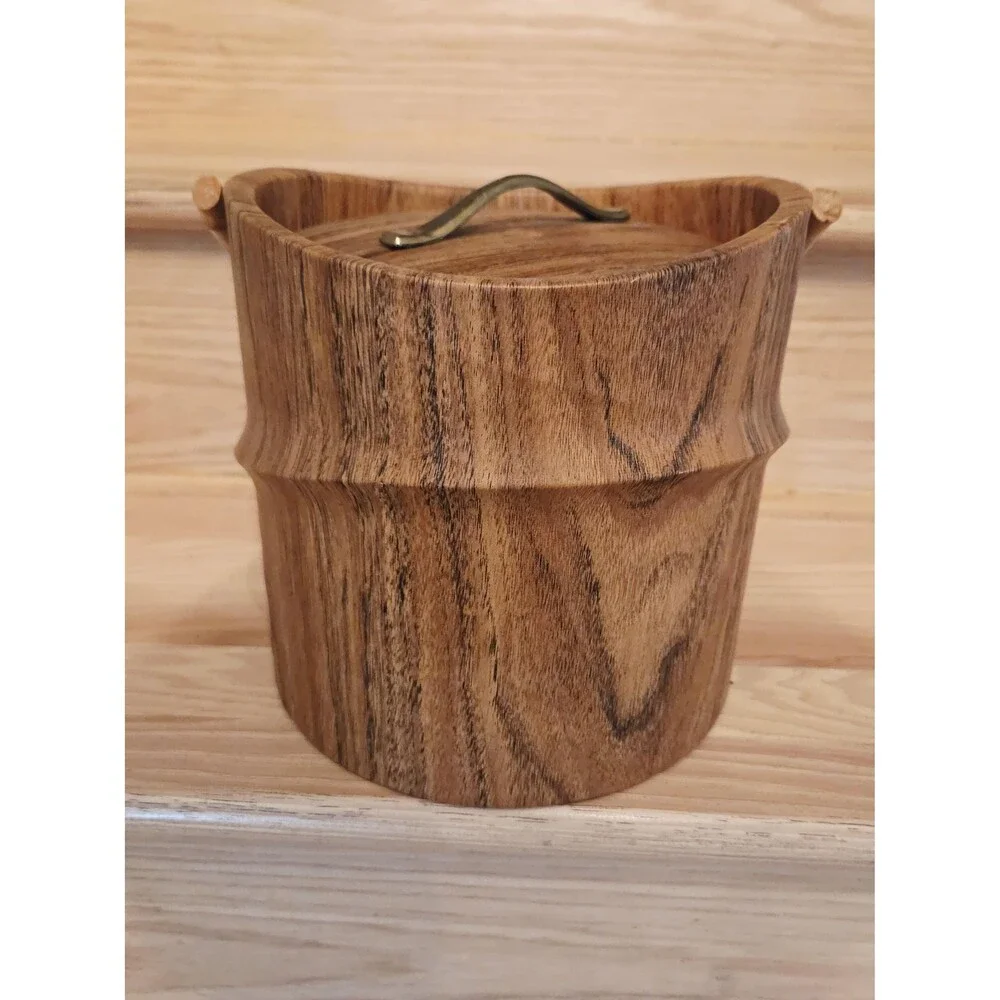 Vintage MCM Kraftware Faux Wood Ice Bucket with Bamboo Handle Made in USA